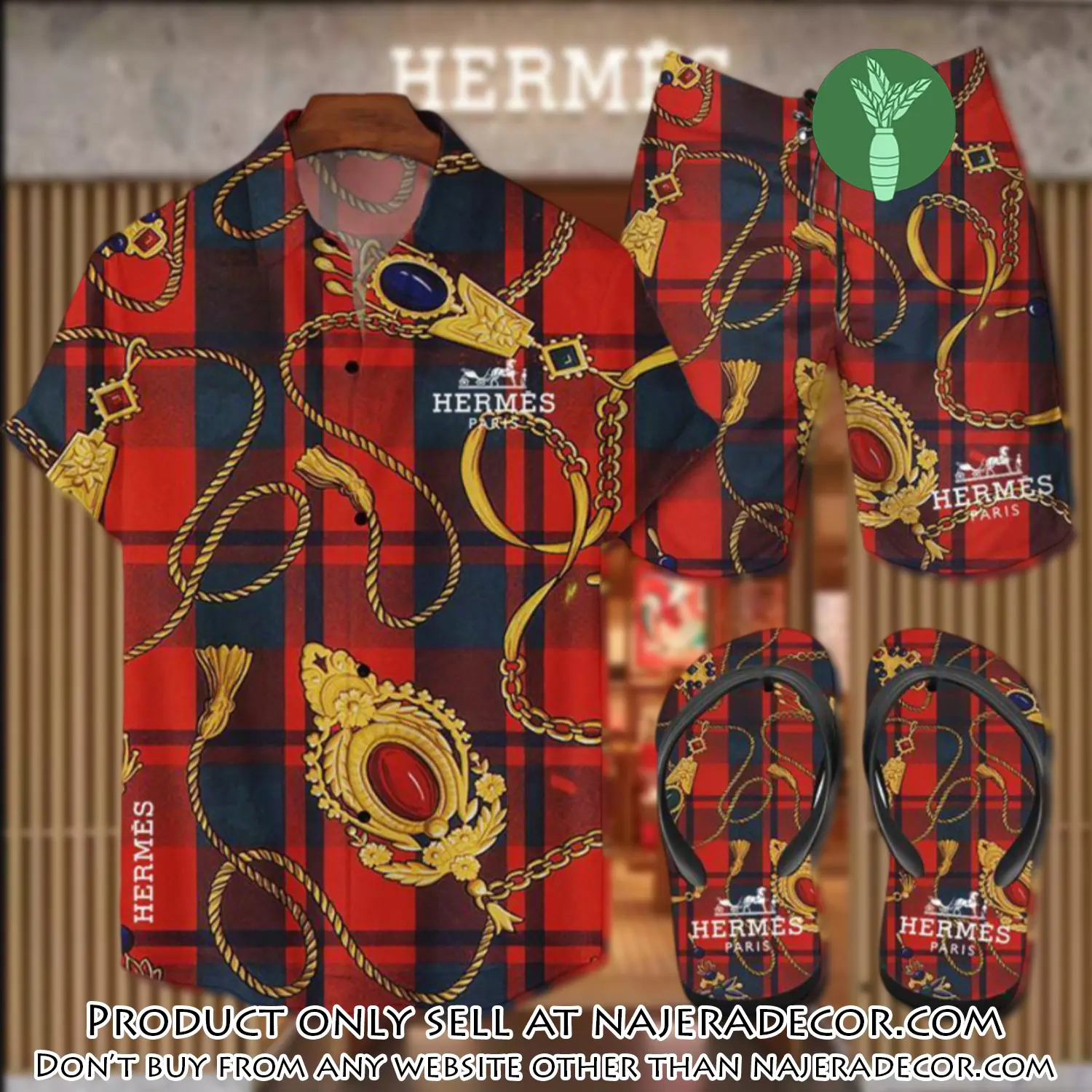 Hermes flip flops and combo hawaii shirt shorts luxury brand summer outfit hsf081 njr3119105